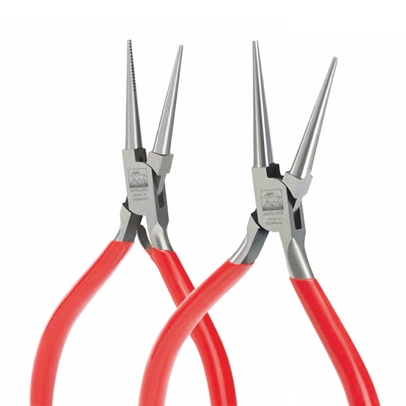 niqua® antilope round nose pliers with / without spring & cut 145 mm Pair display of NIQUA Antilope 145mm round nose pliers showing the serrated-with-spring model alongside the smooth springless model.
