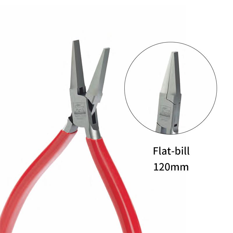niqua® antilope flat nose pliers without spring & cut (120 / 130 mm) Product presentation of the NIQUA Antilope 04-020-120 flat nose plier (120mm) with an inset detail highlighting the smooth flat-bill jaws.