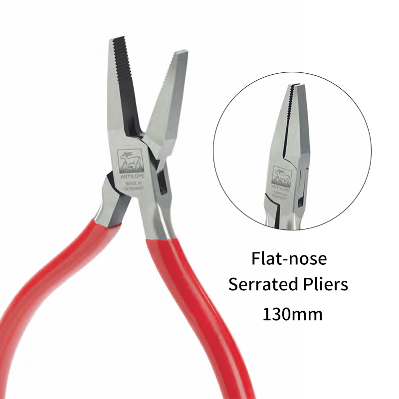 niqua® antilope flat nose pliers without spring with cut 130mm Product presentation of the NIQUA Antilope 130mm flat nose plier with an inset detail highlighting the precision-serrated flat jaws and box joint.