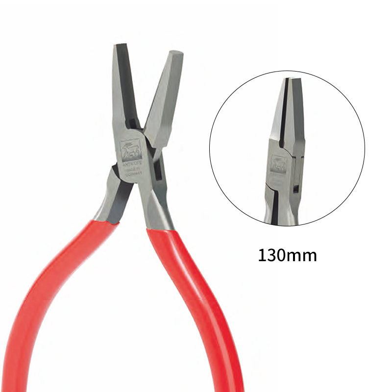 niqua® antilope half round & flat nose pliers without spring & cut 130mm / with nylon jaw 140mm Product presentation of the NIQUA Antilope 04-038-130 half-round and flat-nose plier (130mm) with an inset detail highlighting the precision all-steel jaws.