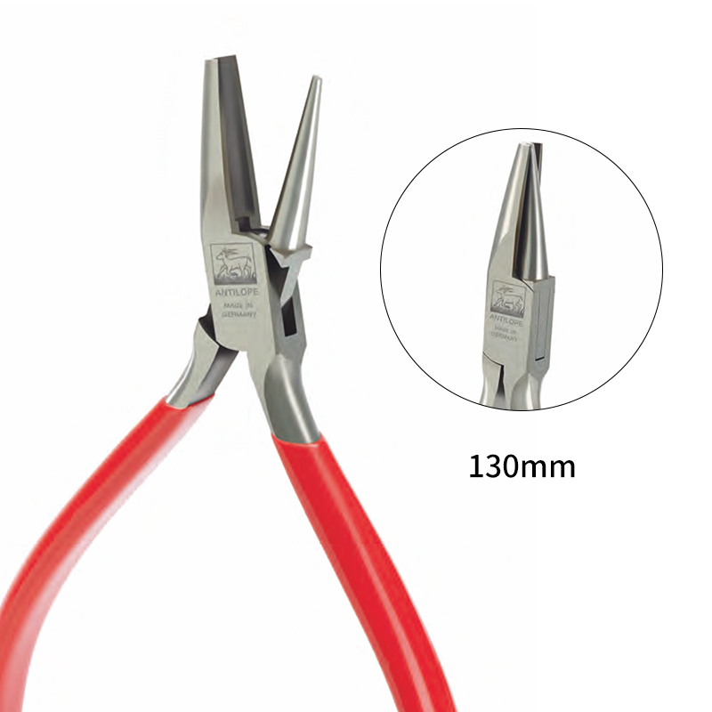 niqua® antilope round & concave nose pliers without spring 130mm Product presentation of the NIQUA Antilope 130mm round and concave plier featuring an inset circle highlighting the conical horn and grooved concave jaw alignment.