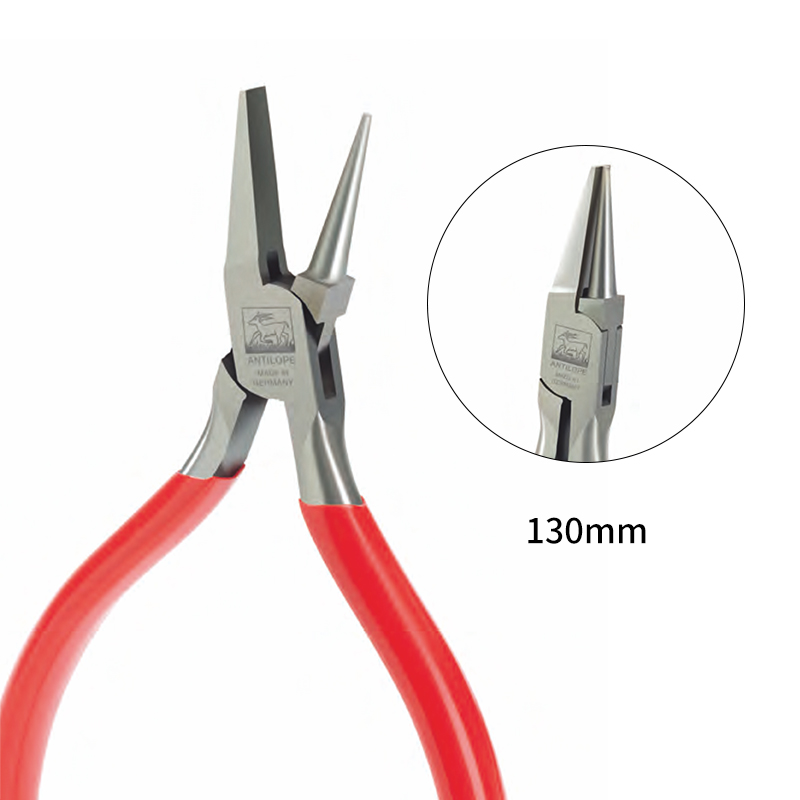 niqua® antilope 130mm round & flat nose pliers, no spring no cut (steel / nylon jaw) Product presentation of the NIQUA Antilope 04-036-130 round and flat nose plier with an inset detail highlighting the precision all-steel jaws.