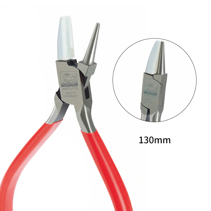 niqua® antilope 130mm round & flat nose pliers, no spring no cut (steel / nylon jaw) Product presentation of the NIQUA Antilope 04-036-133 round and flat nose plier featuring an inset detail of the white protective nylon jaw insert.