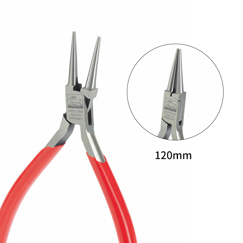 niqua® antilope round nose pliers without spring & cut (120 mm / 130 mm) Product presentation of the NIQUA Antilope 04-010-120 round nose plier (120mm) with an inset detail highlighting the tapered conical jaws.
