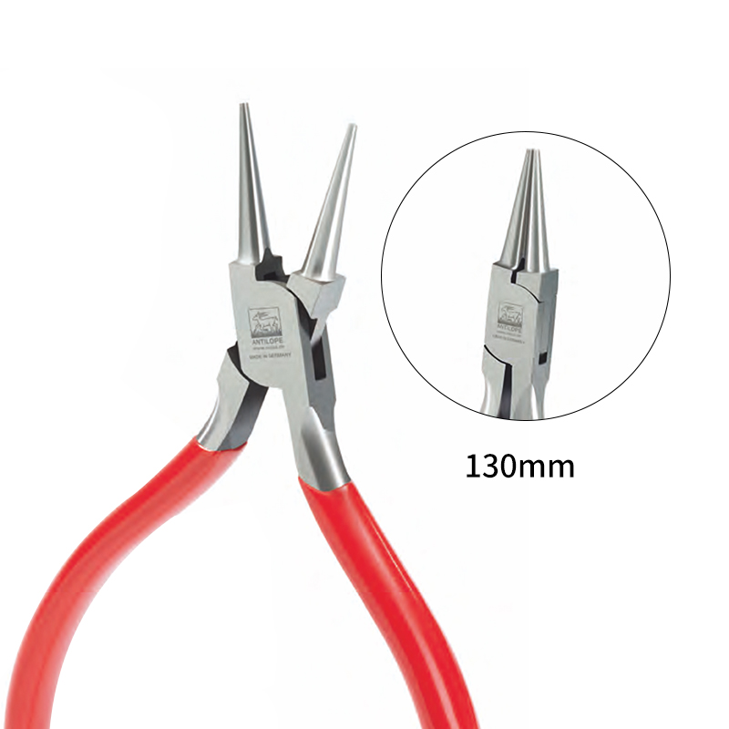 niqua® antilope round nose pliers without spring & cut (120 mm / 130 mm) Product presentation of the NIQUA Antilope 04-010-130 round nose plier (130mm) with an inset detail showcasing the box-joint construction and round jaws.