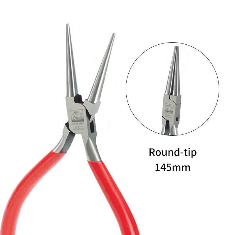 niqua® antilope round nose pliers with / without spring & cut 145 mm Product presentation of the NIQUA Antilope 04-012-145 round nose plier (145mm) with an inset detail highlighting the smooth conical round jaws.