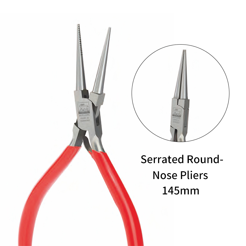 niqua® antilope round nose pliers with / without spring & cut 145 mm Product presentation of the NIQUA Antilope 04-013-145 round nose plier (145mm) featuring an inset detail of the inner serrated round jaws.