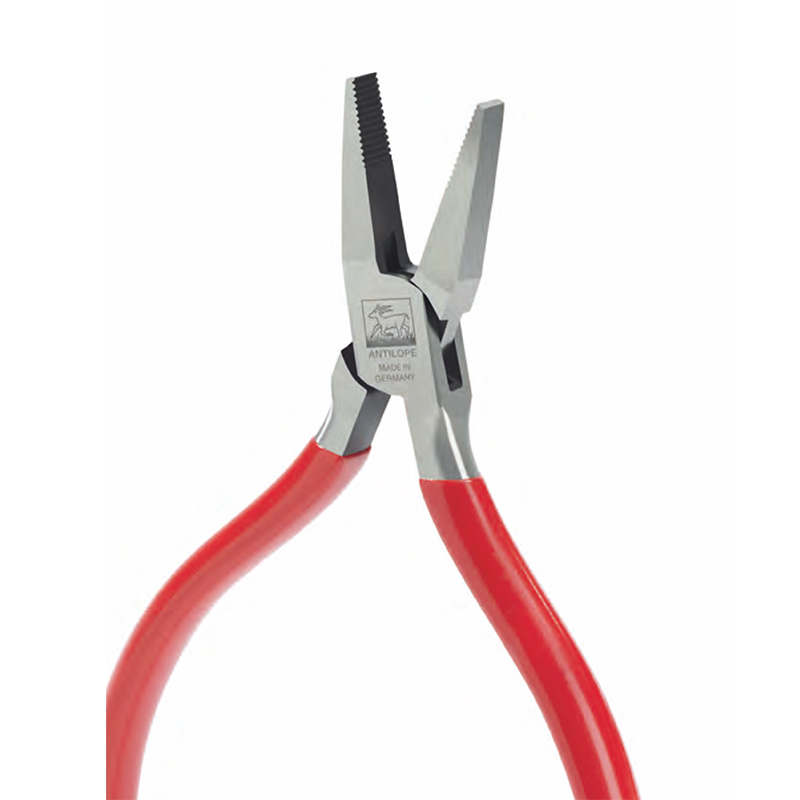 niqua® antilope flat nose pliers without spring with cut 130mm Front perspective view of the NIQUA Antilope 04-021-130 serrated flat nose plier featuring red PVC handles and open serrated jaws.