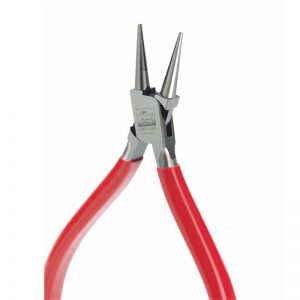 Front perspective view of the NIQUA Antilope 04-011-130 round nose plier with red PVC handles showing the inner serrated jaw surfaces.