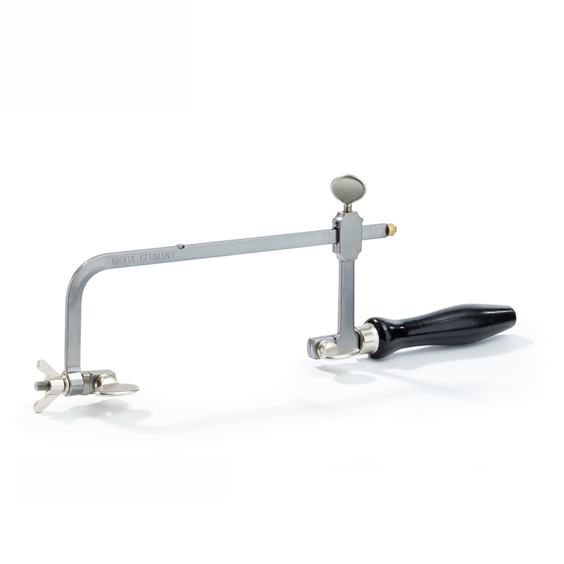 Niqua Germany adjustable metal jeweler's saw frame with a black wooden handle and thumbscrews.