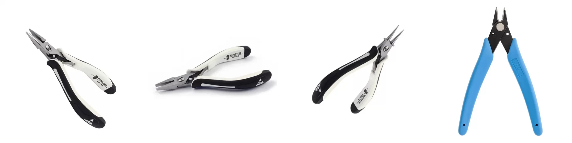 Four jewelry pliers including chain-nose, flat-nose, round-nose pliers, and a blue-handled flush cutter.