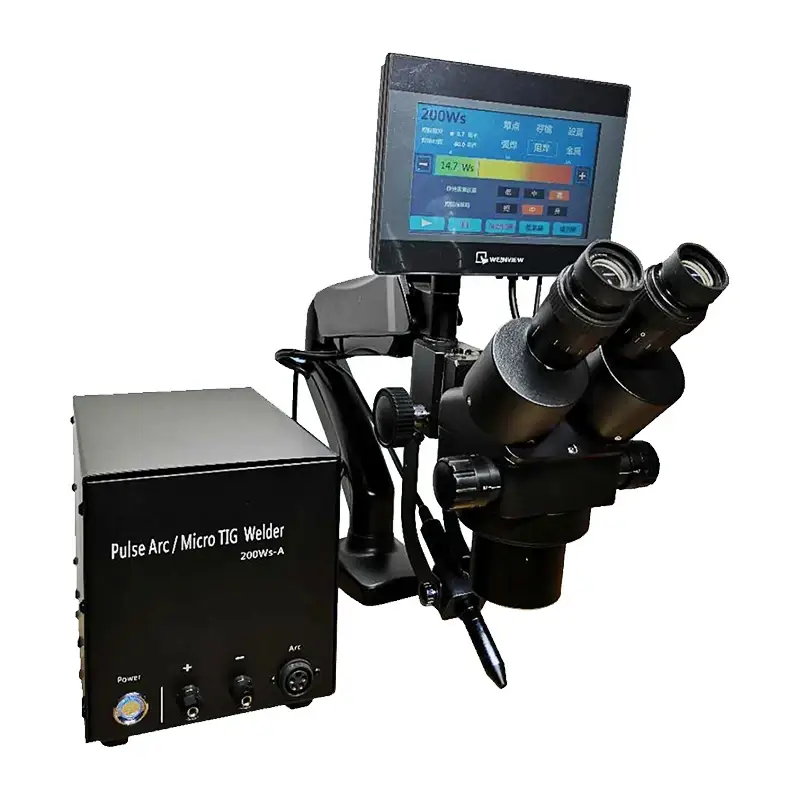 A professional pulse arc micro TIG welder with a built-in microscope and touch screen interface.