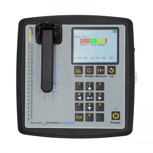 Front view of Sigma Metalytics PMV Investor showing color LCD screen, keypad, and sensor arm.
