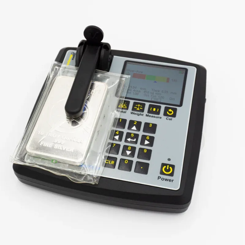 sigma metalytics precious metal verifier pmv investor Top-view testing demonstration of a sealed 10 Troy Ounce .999 Fine Silver bar being verified under the PMV Investor arm.