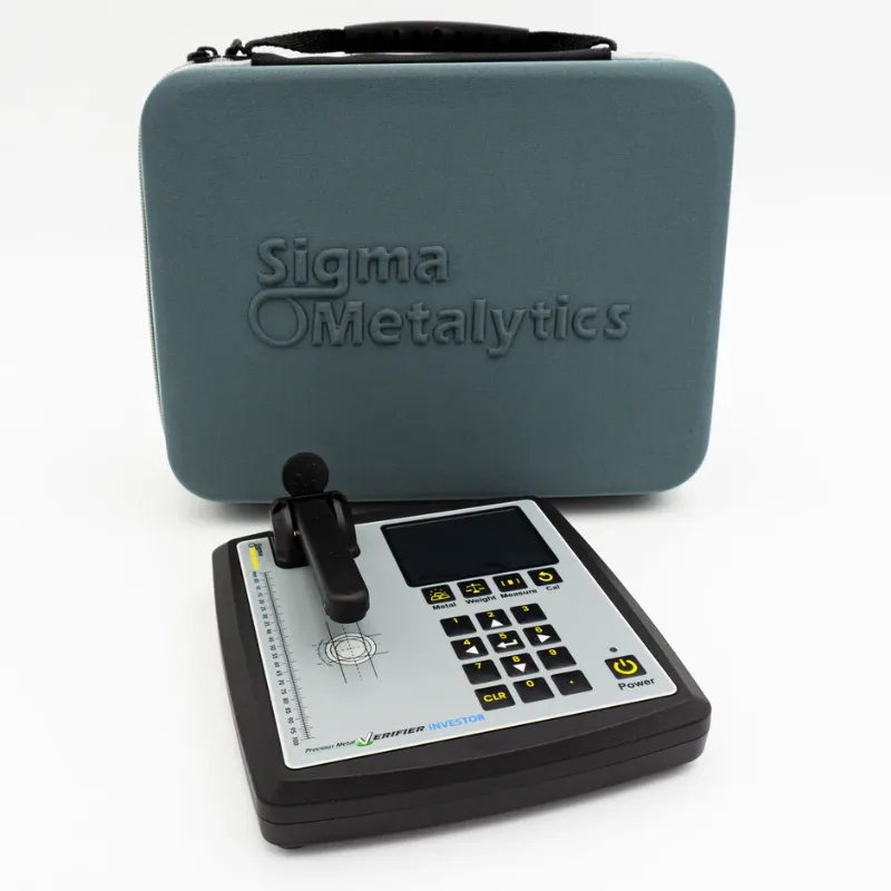sigma metalytics precious metal verifier pmv investor Product presentation of the PMV Investor base unit sitting in front of its custom embossed Sigma Metalytics protective travel case.