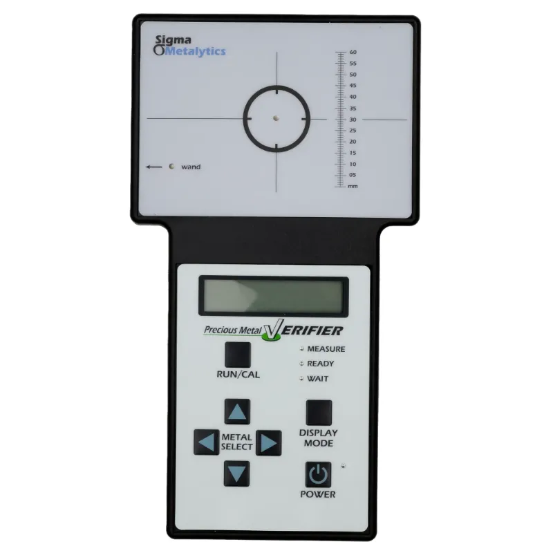 sigma metalytics precious metal verifier pmv original Full front layout of the Sigma Metalytics PMV Original base unit showing the target alignment sensor area, LCD screen, and navigation keypad.