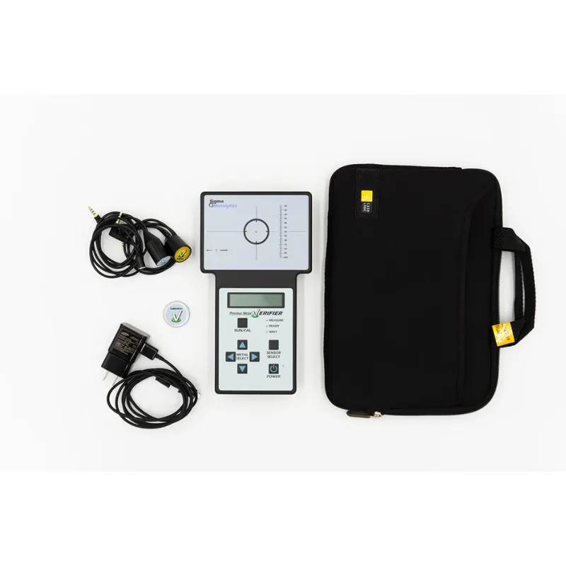 sigma metalytics precious metal verifier pmv original Complete product kit layout of the Sigma Metalytics PMV Original including three sensor wands, AC charger, calibration disc, and padded case.