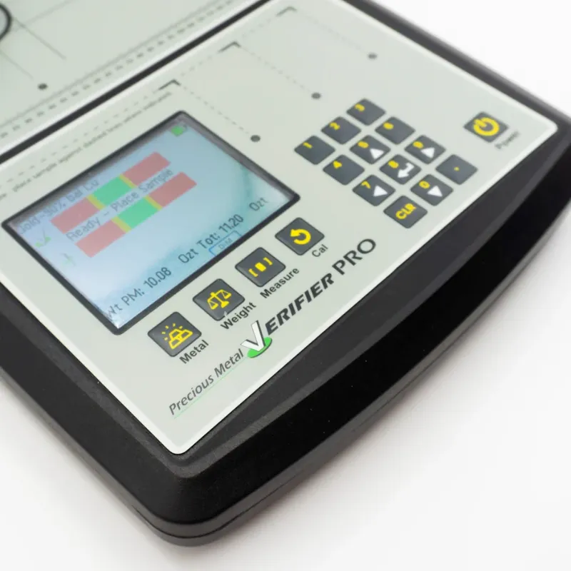 sigma metalytics precious metal verifier pmv pro Close-up angle of the PMV PRO backlit digital display showing sample resistivity color bands and silicone numeric input buttons.