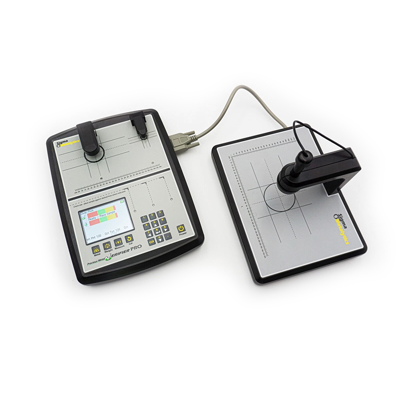 sigma metalytics precious metal verifier pmv pro + external bridge Sigma Metalytics PMV Pro unit connected via cable to the External Bridge testing platform.