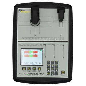 Front perspective view of the Sigma Metalytics PMV PRO base console showing dual onboard sensor arms, digital LCD screen, and numeric keypad.