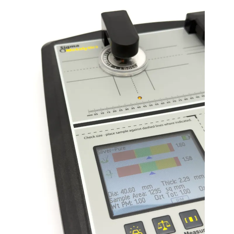 sigma metalytics precious metal verifier pmv pro Close-up testing display of a slabbed silver dollar coin undergoing thickness and thru-testing under the PRO's small onboard sensor arm.