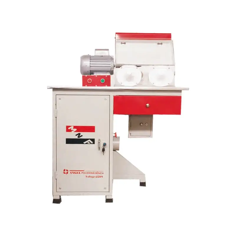 Floor-standing single workstation jewelry polishing bench with dust hood.