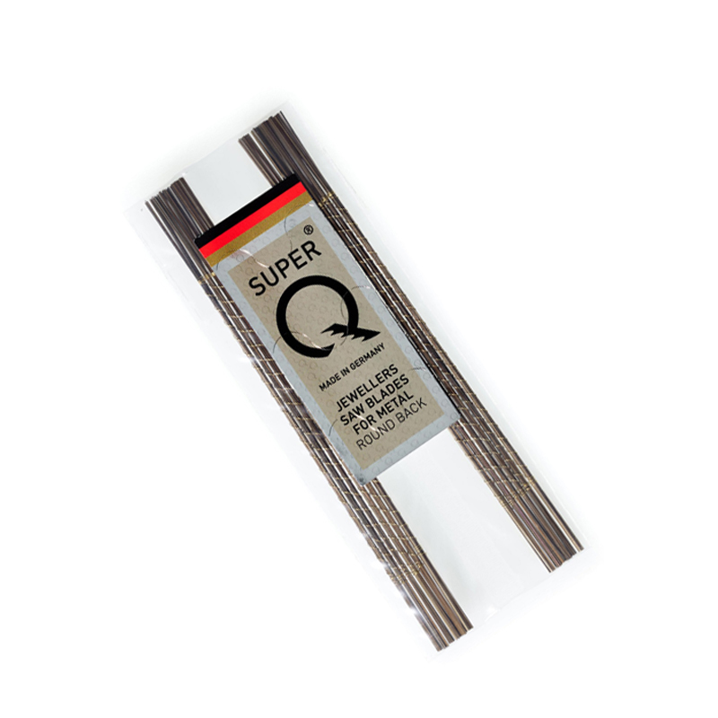 Packet of Super Q round-back metal piercing saw blades made in Germany for jewelry making.