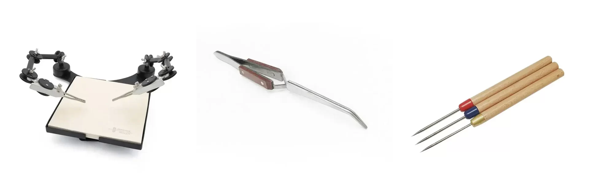 Solder accessories including a third hand tool with tweezers and a set of soldering picks.