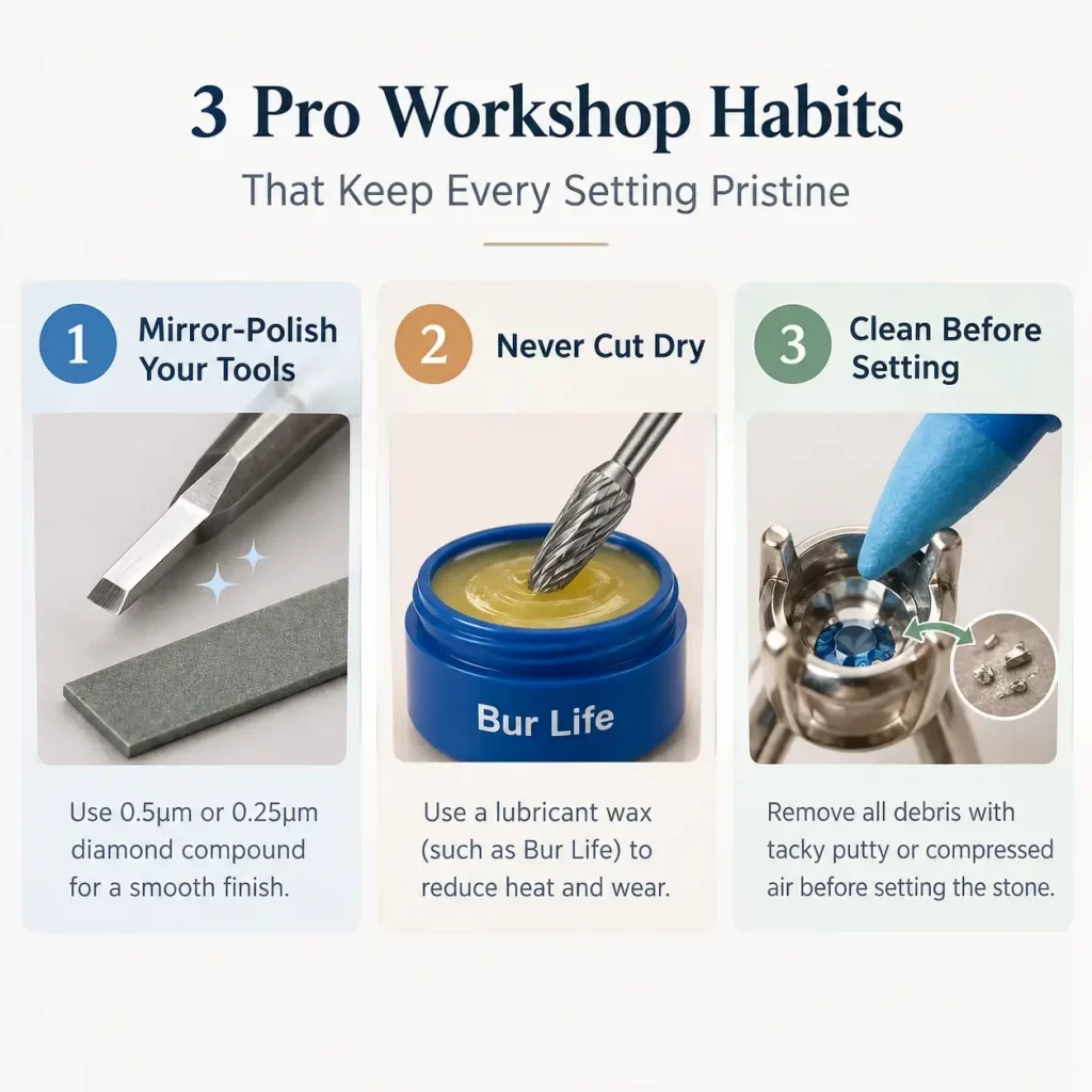 Guide showing three pro jeweler habits: mirror-polishing tools, using Bur Life lube, and removing debris.