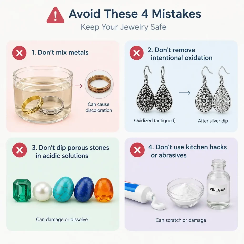 Infographic showing four common jewelry cleaning mistakes to avoid at home.
