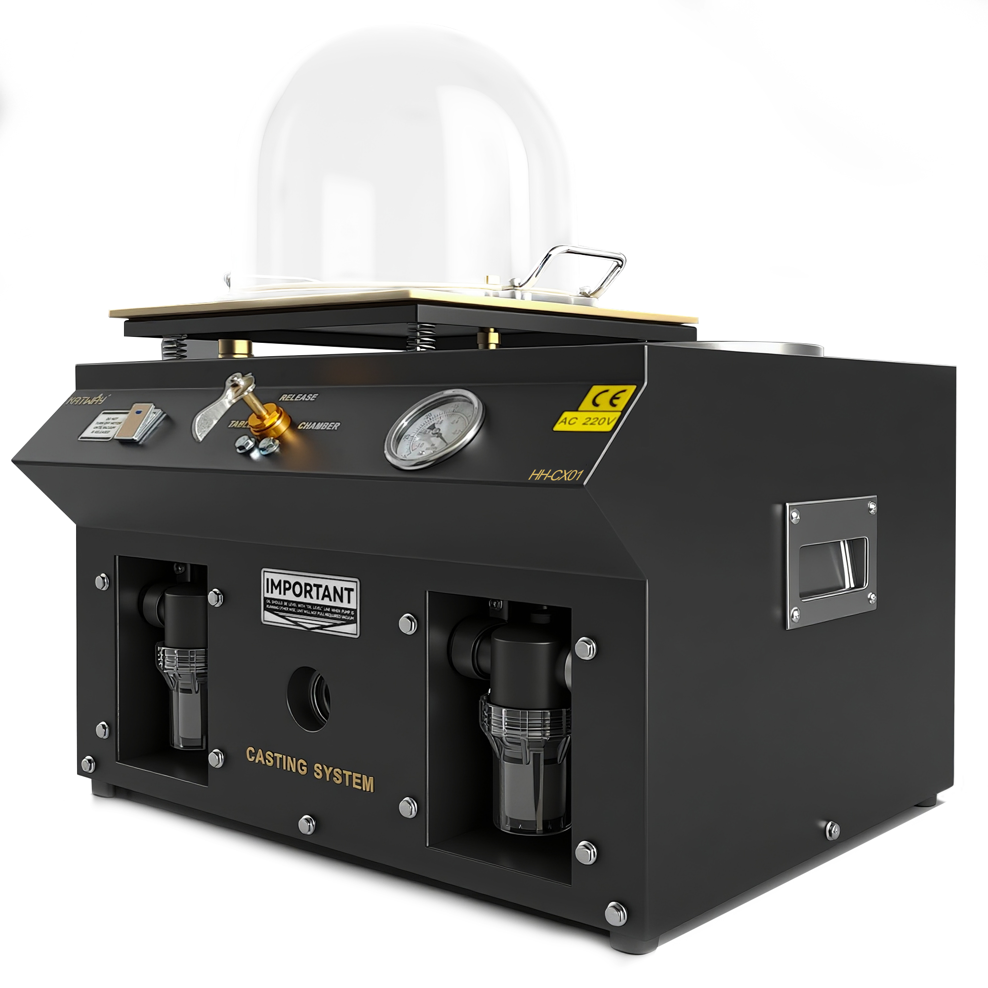 table top vacuum casting machine xl Three-quarter perspective view of the black powder-coated vacuum casting unit highlighting the side recessed handle and spring-mounted top table.