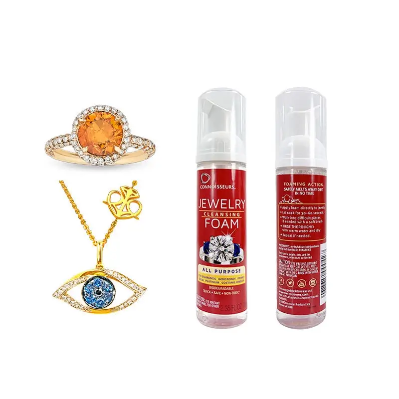 Connoisseurs all purpose jewelry cleansing foam bottles with gemstone ring and pendant.