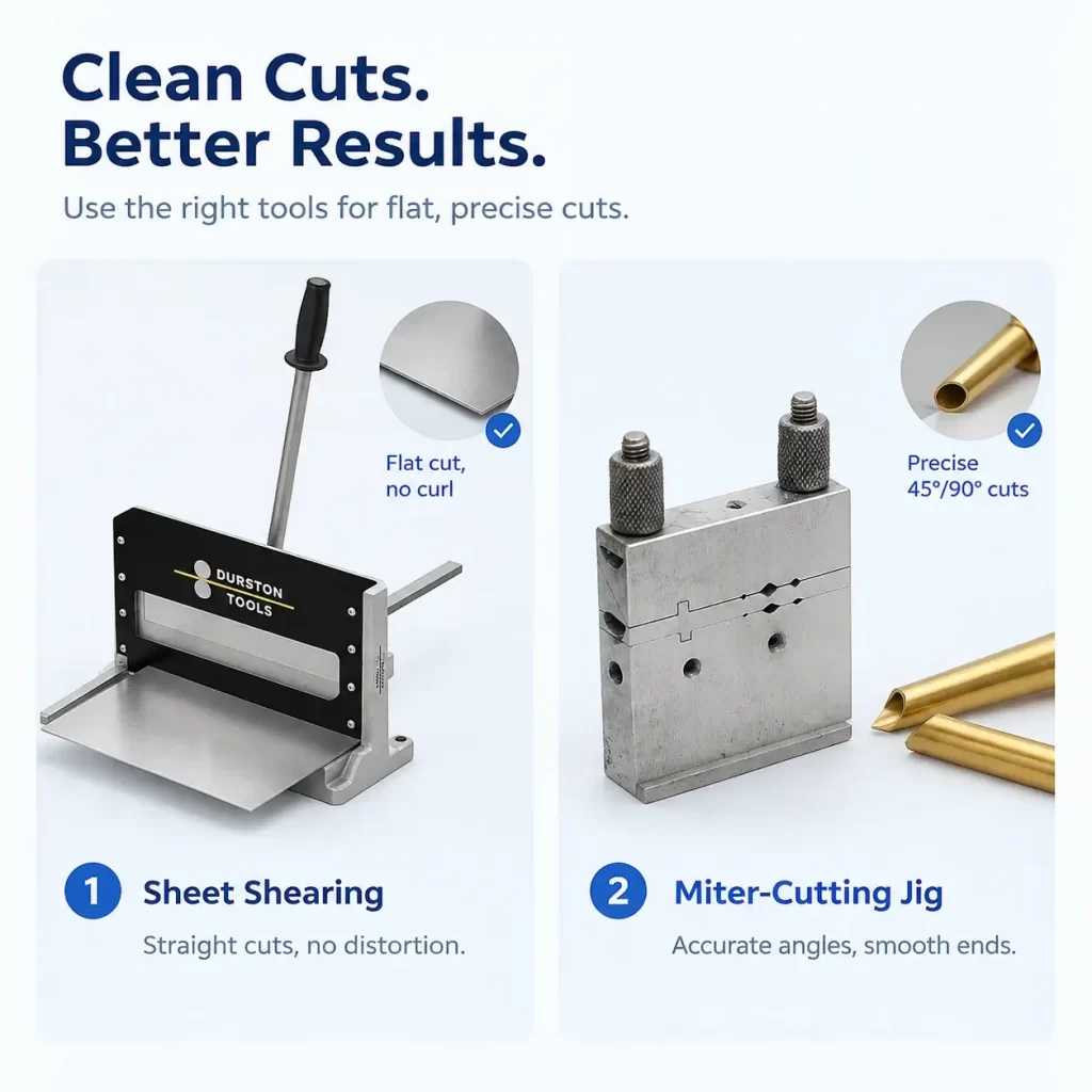 Durston metal sheet guillotine shear and jeweler miter cutting vice jig for tubing.