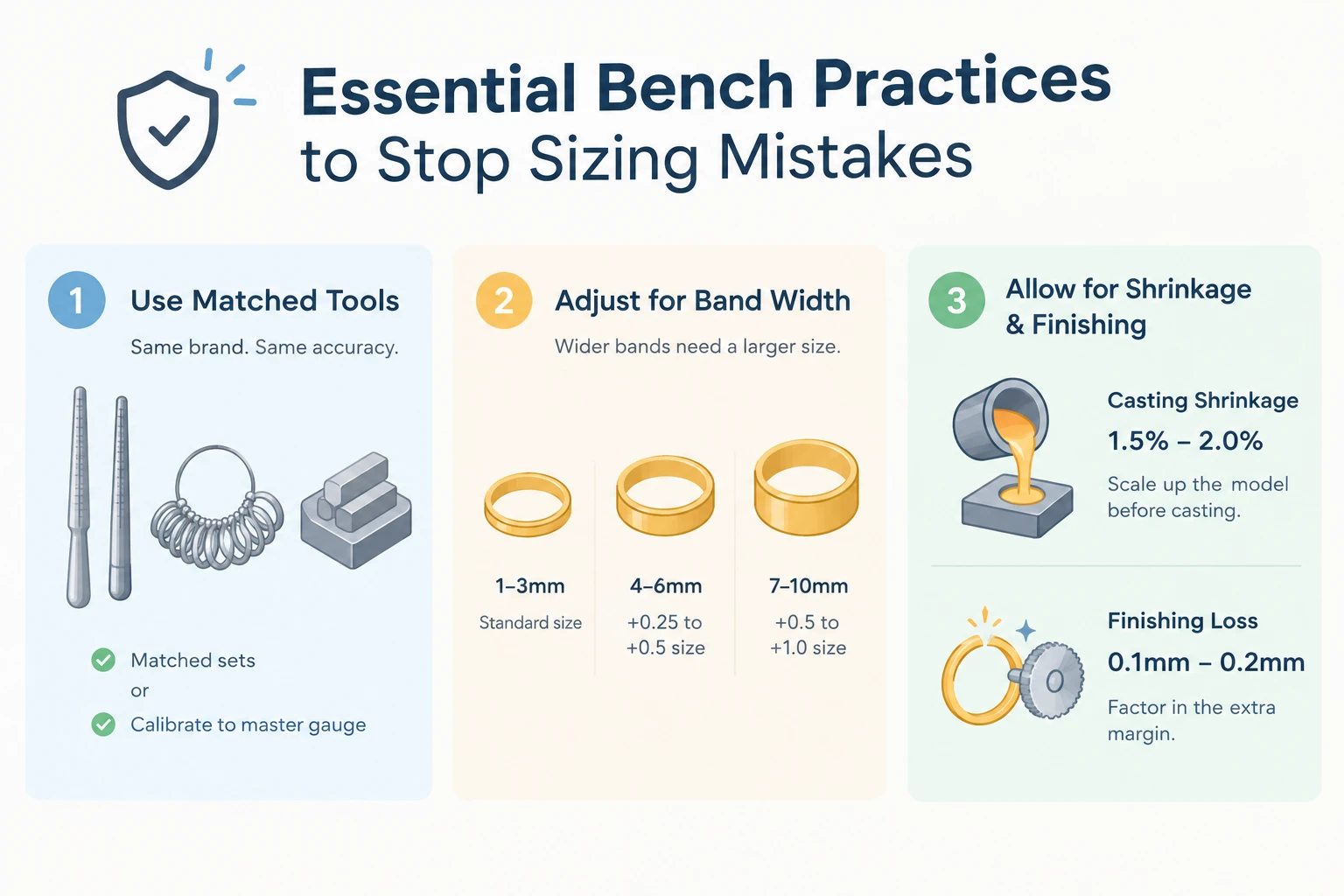 Infographic showing bench practices to avoid ring sizing mistakes and factor shrinkage.