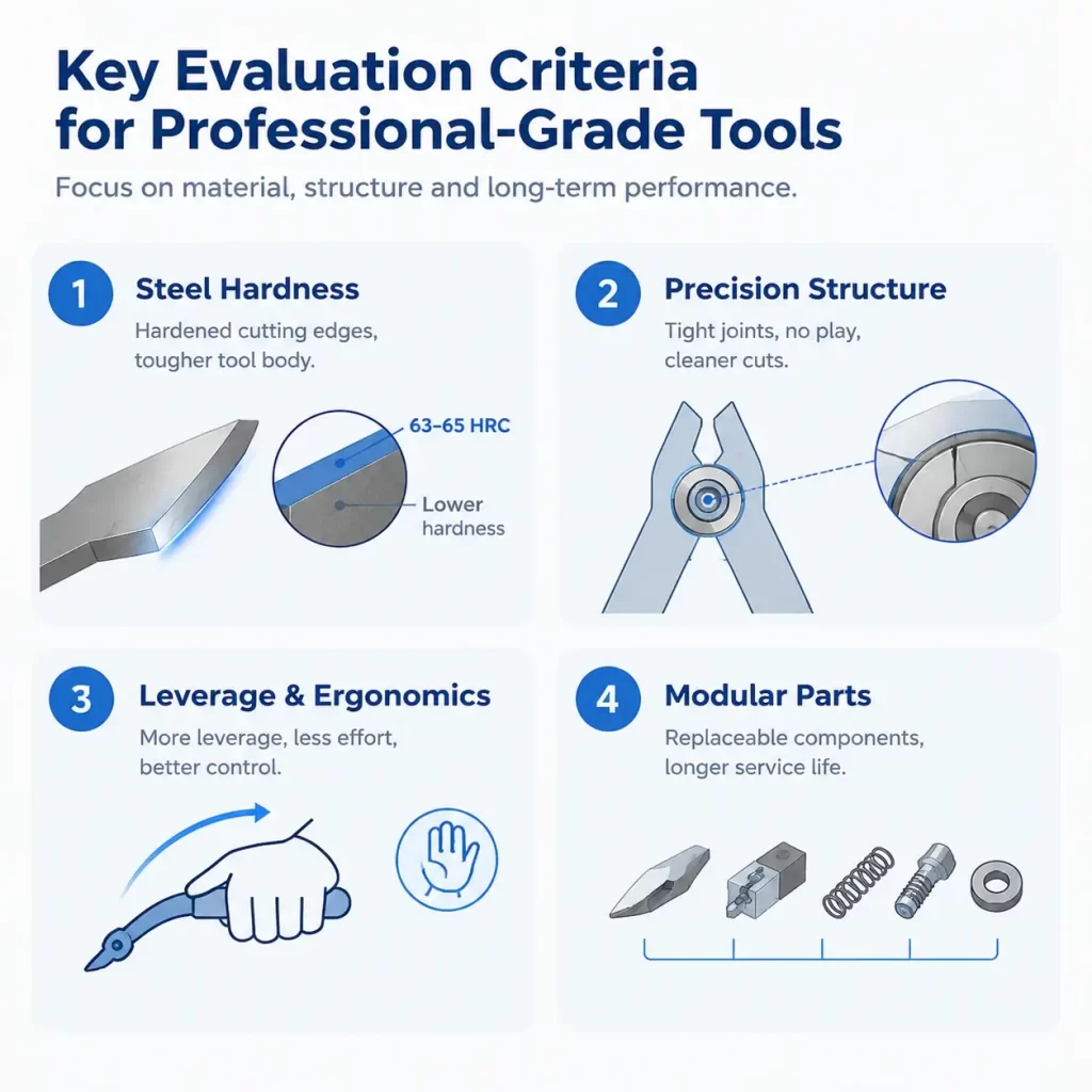 Key criteria for pro tools: steel hardness, joint precision, leverage, and modularity.