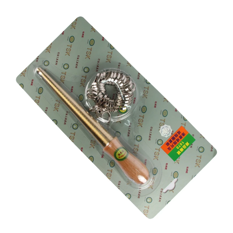 Hong Kong size ring mandrel stick and metal sizing loop set in retail packaging.