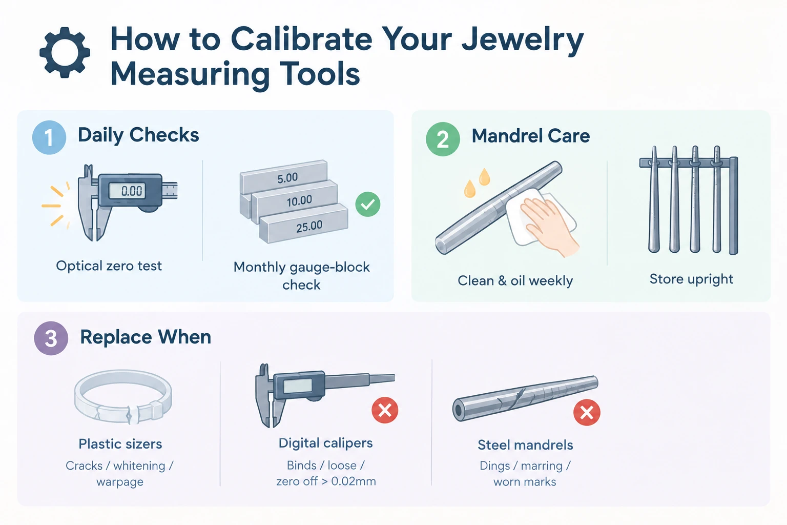 Maintenance and calibration guide for digital calipers, ring mandrels, and sizers.