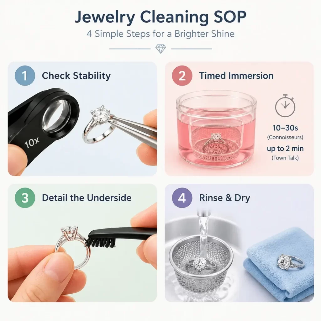 Infographic illustrating a four-step standard operating procedure for cleaning diamond rings.