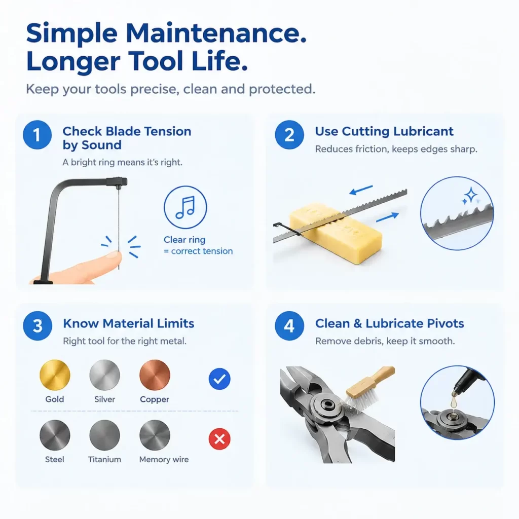 Maintenance tips: saw blade tension, cutting lube, material limits, and pivot oiling.