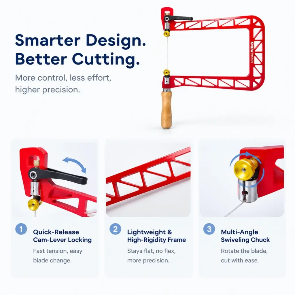 Knew Concepts red aluminum truss saw frame with cam lever tension and swivel chuck.