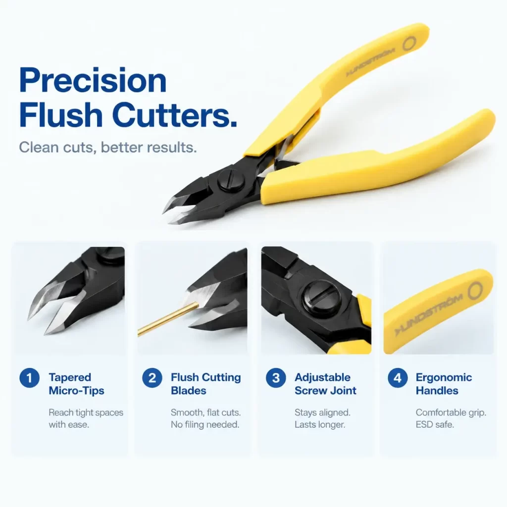 Yellow handle Lindstrom precision flush cutters with tapered tips and screw joint.