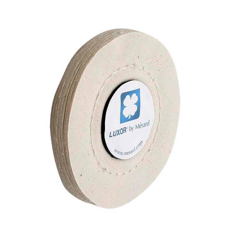luxor® merard mb fabrics Front three-quarter angle of the single-stitch MB cotton buffing wheel highlighting the tight fabric plies and cardboard reinforcement.
