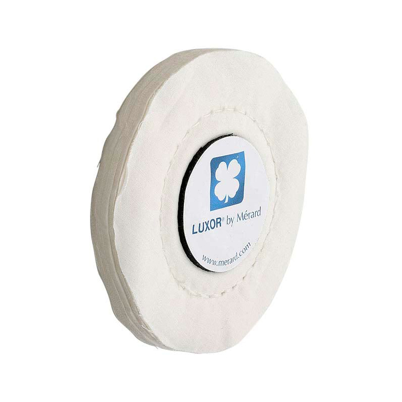 luxor® merard stv fabrics Front three-quarter angle of the LUXOR by MÉRARD STV cotton polishing disc displaying concentric stitching lines and compact thickness.