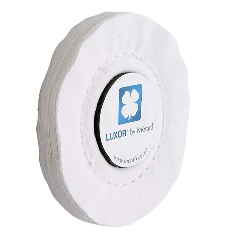 luxor® merard tpb fabrics Front three-quarter angle of the LUXOR by MÉRARD TPB cotton polishing disc displaying concentric stitching lines and compact thickness.