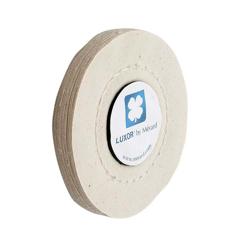 luxor® merard mb fabrics Side-angled perspective of the stitched LUXOR by MÉRARD MB fabric polishing buff displaying the printed center label and 10mm thickness profile.