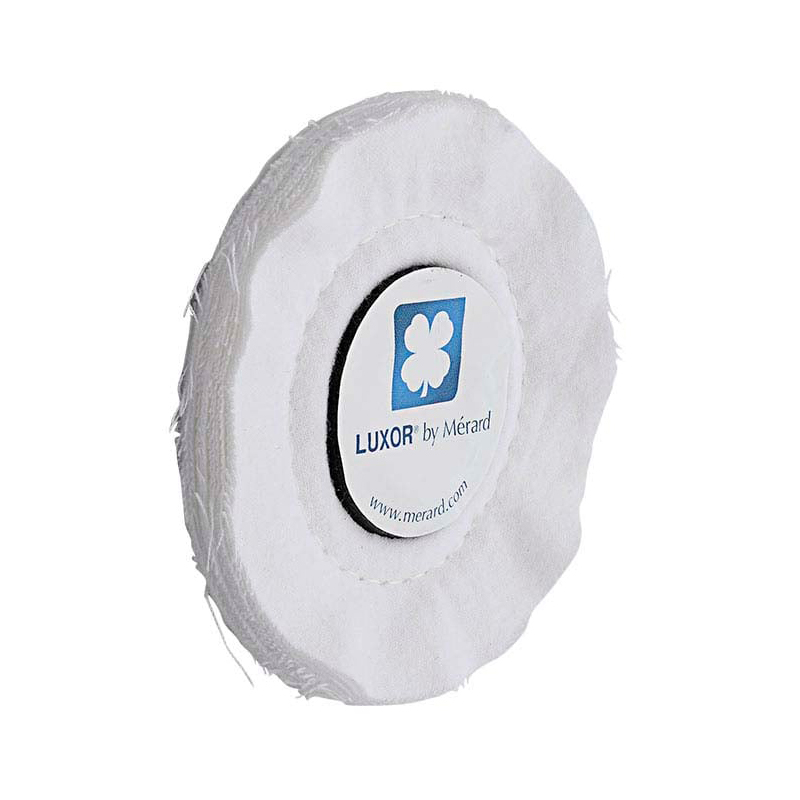 luxor® merard moc2 flannel fabrics Side-angled perspective of the stitched MOC2 flannel buffing disc showing multi-ply layers.