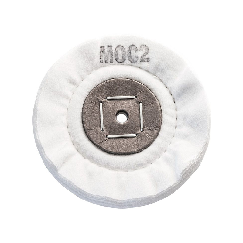 luxor® merard moc2 flannel fabrics Face detail of the MOC2 flannel wheel showing the stapled cardboard core and grade imprint.