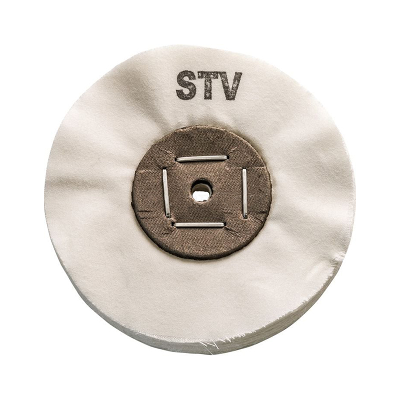 luxor® merard stv fabrics Reverse face detail of the STV cotton buffing wheel showing the heavy-duty stapled cardboard core and 6mm arbor hole.