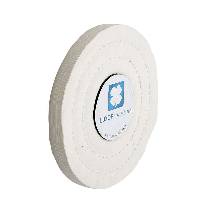 luxor® merard stv fabrics Side-angled perspective of the stitched STV fabric buffing disc highlighting the branded center label and multi-layered edge profile.