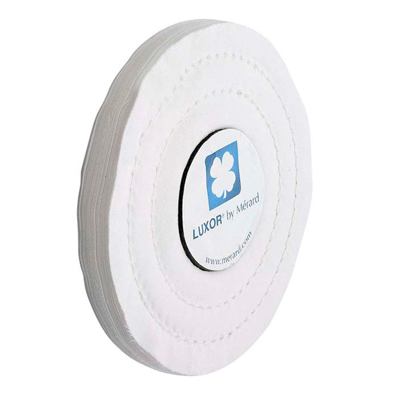 luxor® merard tpb fabrics Side-angled perspective of the stitched TPB fabric buffing wheel showing the branded center label and multi-layered cotton disc edge.